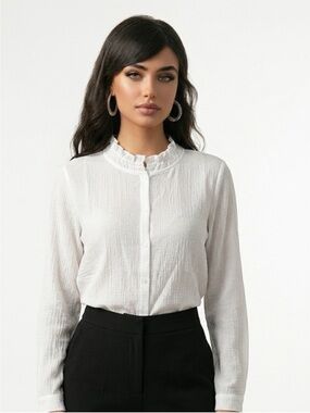 Mystree White Ruffle Neck Button-Down Shirt